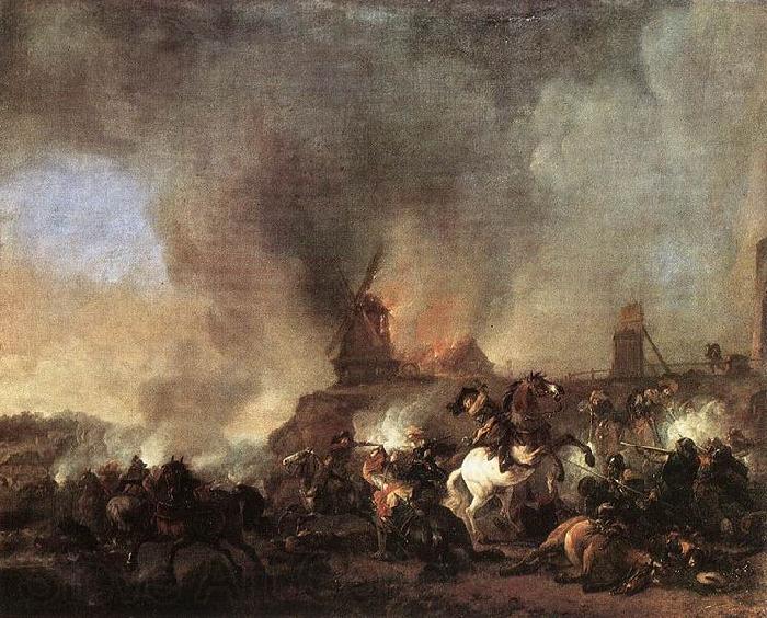 Philips Wouwerman Cavalry Battle in front of a Burning Mill by Philip Wouwerman